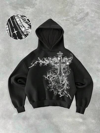 Goth Sudadera casual holgada con diamantes brillantes en forma de cruz para hombre, otoño