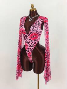 Amplova 女士豹纹深V领长袖连体衣猎豹印花 - 彩色 - 查看 2