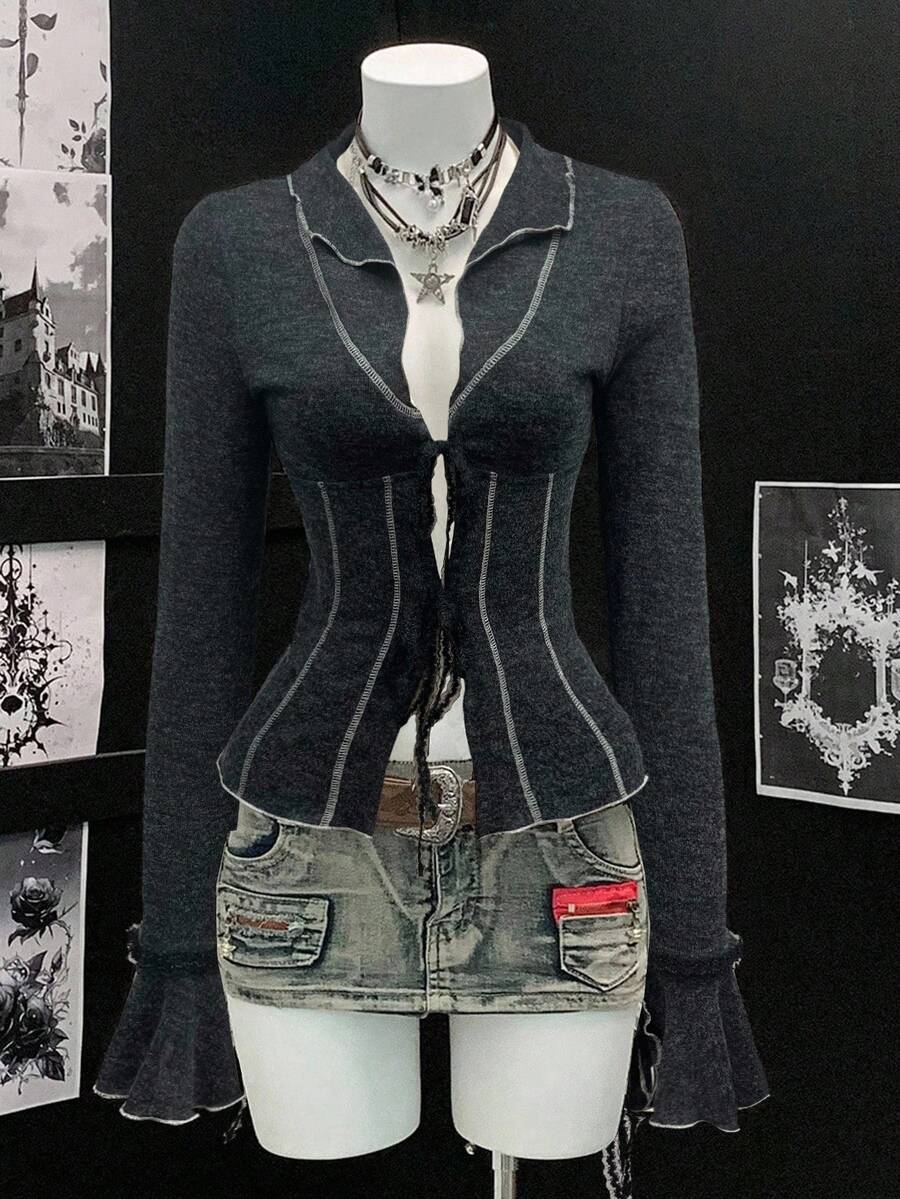 SHEIN Unity 女士复古钩针轻质开衫 - 黑色 - 查看 1