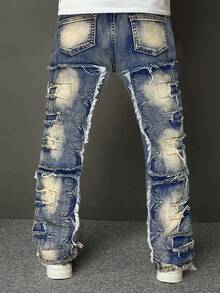 SHEIN Bolty Tween 男童时尚休闲设计感粗犷的方形三角剪裁黑色牛仔裤，弹性面料，适合日常穿着和秋季穿着，童装街头风牛仔裤，男童牛仔裤 - 深色水洗藍 - 查看 2