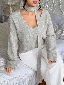 Vionelle Plus Size Women Knitted Autumn/Winter Fashion Ribbon Halter Atmosphere V-Neck Sweater, Soft & Cozy Casual Versatile Top Fall - Khaki - View 7