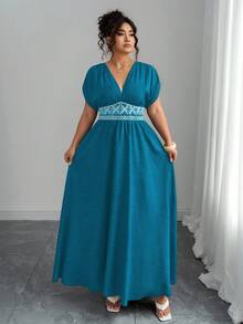 Elenzga Plus Size Women's Casual Maxi Dress With Waist Embroidery, Paisley Pattern Bohemian Style Deep V-Neck, Ruched Shoulder, Cinched Waist, Slimming & Elegant For Outing, Afternoon Tea, Party, Daily, Vacation