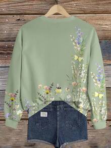 SHEIN LUNE Áo sweatshirt dài tay cổ tròn dáng rộng, họa tiết hoa vintage, phong cách thường ngày, dành cho nữ mùa thu/đông. Áo sweatshirt màu xanh lá cây nhạt, thích hợp mặc mùa thu/đông, thích hợp mặc ở nhà. - Nhiều màu - Xem 2