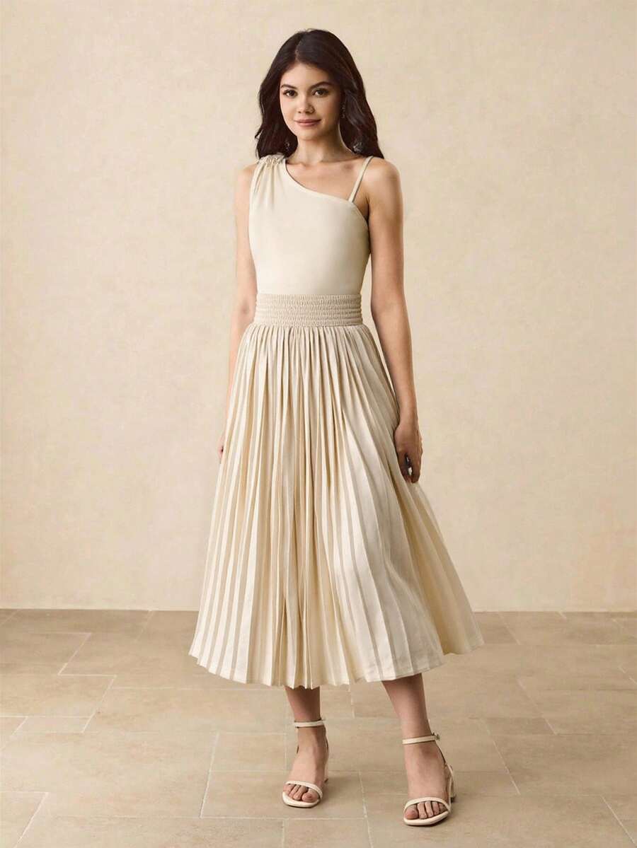 Teen Girls Elegant Minimalist Fashion Graceful Elegant Waist Cinched Mid-Length Solid Color Satin Glossy High-End Pleated Long Dress, Champagne Color, Suitable For Graduation, Prom, Christmas, Halloween - Apricot - View 1