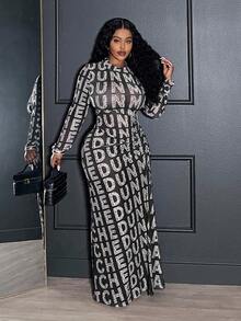 Veslaya Spring/Autumn New Elegant Sexy & Party & Date & Evening & Graduation & Wedding & Birthday Party Banquet Fitted Sheer Mesh English Letter Print Long Sleeve Round Neck Waist Ruched Maxi Plus Size Dress - A - Black - View 2