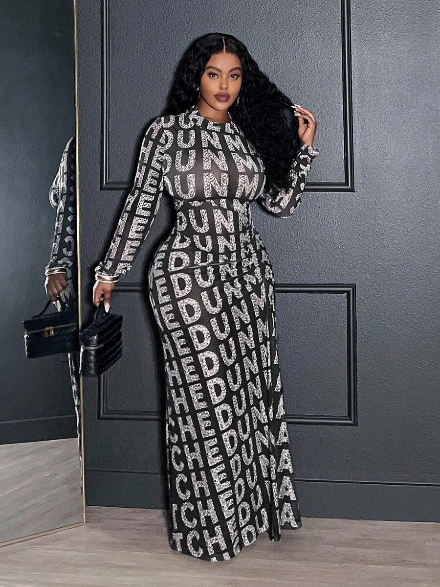 Veslaya Spring/Autumn New Elegant Sexy & Party & Date & Evening & Graduation & Wedding & Birthday Party Banquet Fitted Sheer Mesh English Letter Print Long Sleeve Round Neck Waist Ruched Maxi Plus Size Dress - A