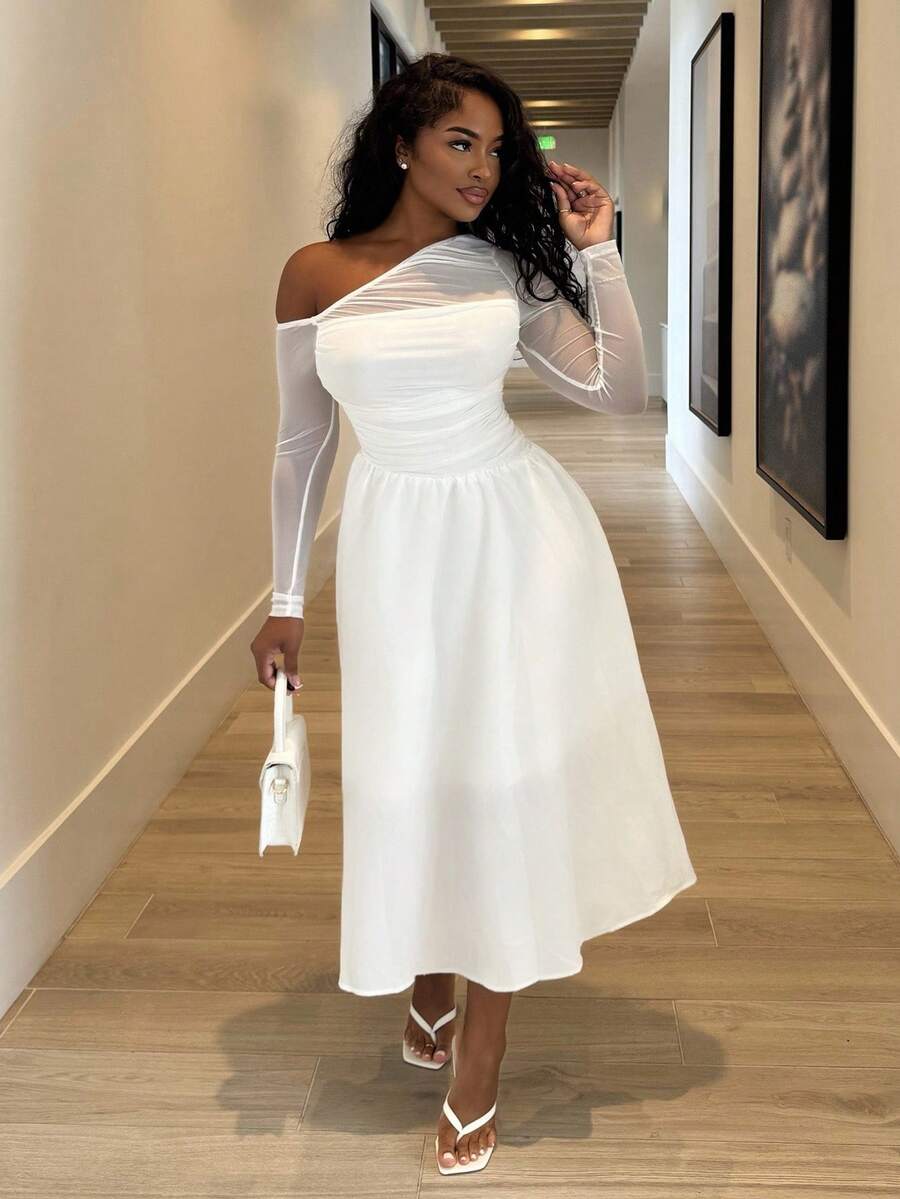 Alexandranx White Asymmetrical Pleated Long Sleeve Dress, Gorgeous And Romantic, Women,Brunch Women Outfit,Sun Dress,Tea Party Dress,White Graduation Dress - White - View 1
