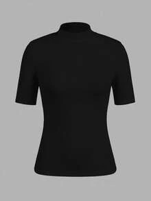 SHEIN EZwear Bộ 3 áo lót cổ lọ tay ngắn màu đen tối giản thường ngày dành cho nữ - màu đen - Xem 3