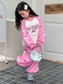 DAZY Young Girls Round Neck Knit Fleece Printed Raglan Sleeve Sweatshirt Set, Fall,Winter - Pink - View 7