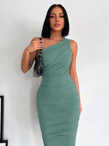 EURMUSE Women's Minimalist Solid Color Pleated Asymmetric Neck Midi Dress - Mint Green - View 5