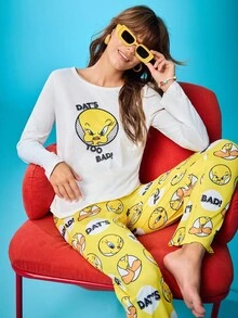 Chillnights X LOONEY TUNES Women's Cute Tweety Bird Cartoon Pattern Comfortable Long Sleeve Top & Pants Pajama Set, Fall Winter Clothes - Multicolor - View 6