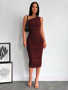 EURMUSE Váy midi trơn màu thanh lịch dành cho nữ - màu nâu - Xem 4