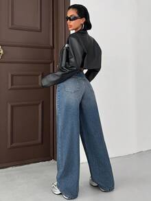 EURMUSE 女士口袋宽松阔腿休闲百搭牛仔裤 - 中等水洗藍 - 查看 2