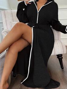Napfluff CURVE Napfluff CURVE Soft Knit Floral Gauze Casual Hooded Loungewear Plus Size Robe, Fall & Winter, Cozy Outfit - Black - View 7