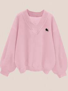 SHEIN EZwear Sudadera casual con cuello en V y estampado de poni, adecuada para otoño/invierno