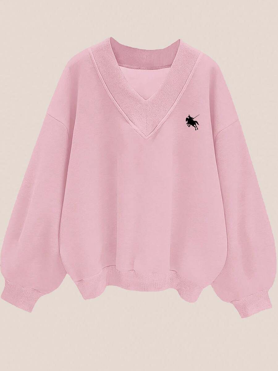 SHEIN EZwear Sudadera casual con cuello en V y estampado de poni, adecuada para otoño/invierno