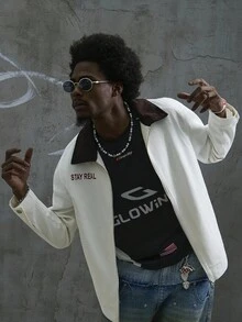 Manfinity ZONE917 Chaqueta vaquera lavada con cuello de pana de contraste, estampada, de corte slim, estilo casual urbano para hombre, primavera/otoño - Beis - Ver 2