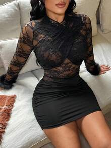 SHEIN SXY 黑色性感蕾丝拼接人造毛皮长袖连衣裙，冬季服装，秋季，新年装扮，派对，舞会礼服，黑色连衣裙，外出，时尚，夜店装扮，女士性感装扮，新年，女士派对连衣裙，黑色透视连衣裙，黑色长袖连衣裙 - 黑色 - 查看 1