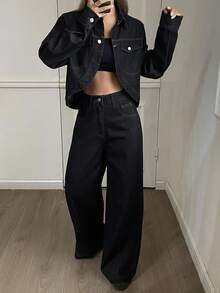 DAZY Women's Denim Jacket With Collar And Loose Straight Leg Jeans Set, Casual Y2k - Dark Wash - View 2