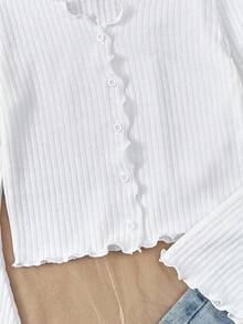 青少年女孩休闲日常针织领荷叶边白色修身喇叭袖开衫 - 白色 - 查看 5