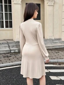 Streecool Teen Girls Knit Ribbed Solid Color Dress, Metal Button Decor, French Retro Collar, Puff Lantern Sleeves, High Waist, Suitable For Casual, Commute, Vacation In Spring And Autumn Fall Winter - Apricot - View 2