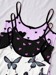 SHEIN 3pcs Women Heart & Bow Print Knit Camisole Nightgown Set
