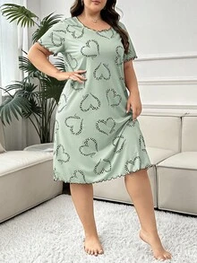 Plus Size Women Leopard Print Heart Graphic Ruffle Trim Round Neck Short Sleeve Nightgown, Moo Moo Night Dress