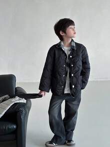 1pc Boys' Quilted Diamond Pattern Casual Padded Coat Fall Winter - Black - View 3