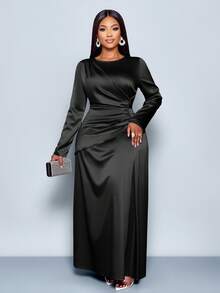 SOLERSUN Váy bó sát bằng vải satin trơn màu trơn thanh lịch dành cho nữ mùa thu đông, thích hợp cho trang phục dự tiệc tối giản, hẹn hò, dự tiệc cưới, dự tiệc tốt nghiệp, váy bóng, váy đen, váy thu, váy đông dành cho nữ, Halloween, Giáng sinh, năm mới, váy dạ hội - màu đen - Xem 5