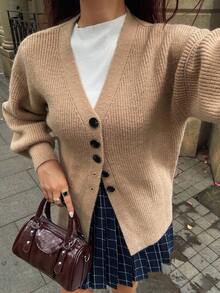 DAZY Cardigan Sweater Wanita Kasual Warna Polos Leher V, Musim Gugur untuk Sekolah - Khaki - View 1