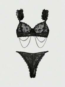 ROMWE Gothic Skeleton Lace Trim Underwire Bra & Metal Chain Trim Thong Lingerie Set, Sexy Halloween