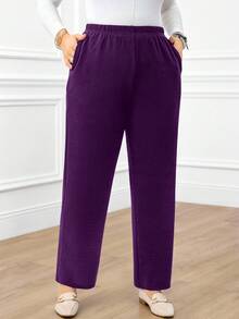 EMERY ROSE Plus Size Women's Casual Daily Black Long Pants With Pockets - Purple - View 3