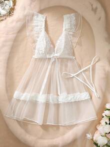 Spicy Aura 2pcs White Mesh Lace Patchwork Sheer Multi-Layered Ruffle Hem A-Line Babydoll Lingerie, Sleepwear Summer Elegant Sexy Night Party Date Night - White - View 3