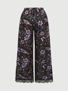 ROMWE Goth Pantalones de mujer con estampado de plantas del bosque oscuro gótico, cintura elástica y parches de encaje