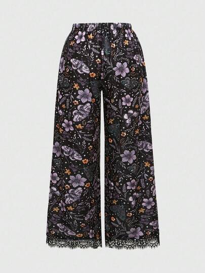 Goth Pantalones de mujer con estampado de plantas del bosque oscuro gótico, cintura elástica y parches de encaje
