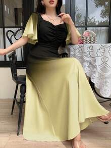 Modelyn 女式黑色和粉色渐变色蝙蝠印花褶饰短袖甜美法式夏装 - 黃色 - 查看 6