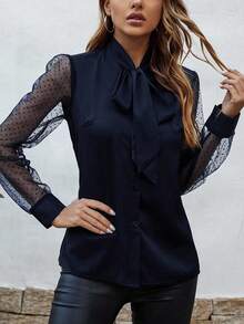 EMERY ROSE Áo sơ mi nữ cổ bẻ lưới chấm bi tương phản - Màu xanh hải quân - Xem 5