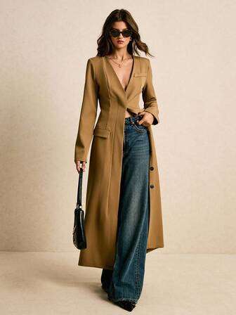 Poéselle Women's Long Single-Breasted Long-Sleeved Blazer-Collar Long Trench Coat In Fall/Winter