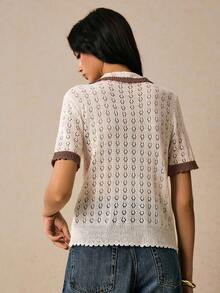 Poéselle Áo thun tay ngắn cổ polo màu tương phản dành cho nữ vào mùa thu/đông - Lạc đà - Xem 6