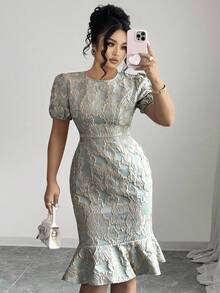 Elenzga Plus Size Round Neck Short Sleeve Textured Embroidered Floral 3D Pattern Fitted Waist French Style Elegant Commuter Slimming Fishtail Dress, Olive Green