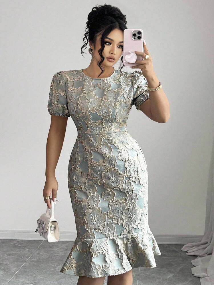 Elenzga Vestido elegante de estilo francés con cuello redondo, manga corta, textura bordada con patrón floral 3D, cintura ajustada, efecto estilizante y cola de pez, color verde oliva, talla grande - Verde - Añade 6