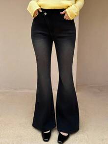 K-Vae 女秋冬不对称腰带保暖内衬喇叭裤，日常修身基础款，冬季搭配，新年装 - 黑色 - 查看 5