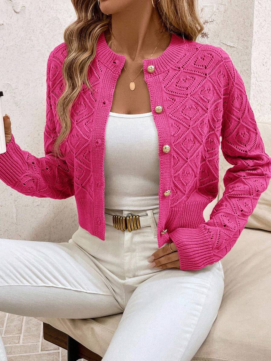 SHEIN Clasi Cardigan Wanita Lengan Panjang Minimalis Warna Polos dengan Potongan Pendek dan Lubang-lubang, Cocok untuk Pakaian Sehari-hari di Musim Gugur/Dingin - Hot Pink - View 1