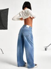EURMUSE Quần jeans ống rộng cạp thấp màu xanh thời trang, rộng rãi, thường ngày, giặt nhiều dành cho nữ - Rửa trung bình - Xem 1