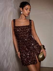 SHEIN BAE Damen einfarbiges braunes glänzendes Pailletten-Minikleid mit quadratischem Ausschnitt, braunes Cocktailkleid, Feiertagskleid, geeignet für Partys, formelle Anlässe, Galas, Festivals, Halloween, Weihnachten - Braun - Übersicht 5