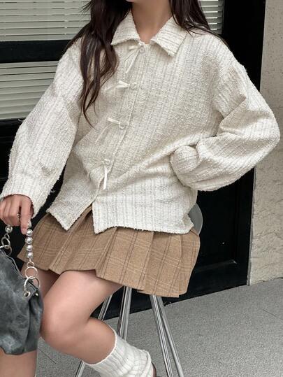 DAZY 青少年女孩宽松蝴蝶结装饰长袖衬衫，秋季