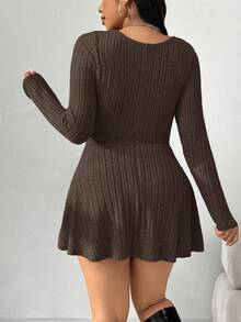 SHEIN EZwear Plus Size Women's Square Neck Long Sleeve Ribbed Jumpsuit With Pockets Ribbed Knit Dress Long Sleeve Knit Dress - Brown - View 2