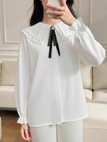Girls' School Style White Blouse, Korean Version Peter Pan Collar Lace Trim, Detachable Bow Tie, Ruffle Cuff, Back To School Fashionable Versatile Shirt