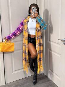BamGleam 女士休闲长款格子流苏羊毛翻领大衣，秋冬 - 彩色 - 查看 4