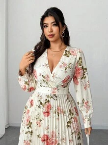 Elenzga Plus Size Women's Spring/Summer Vacation, Elegant Romantic Party, Wedding Guest Floral Print Long Sleeve V-Neck Pleated Flowing Maxi Dress - Multicolor - View 4